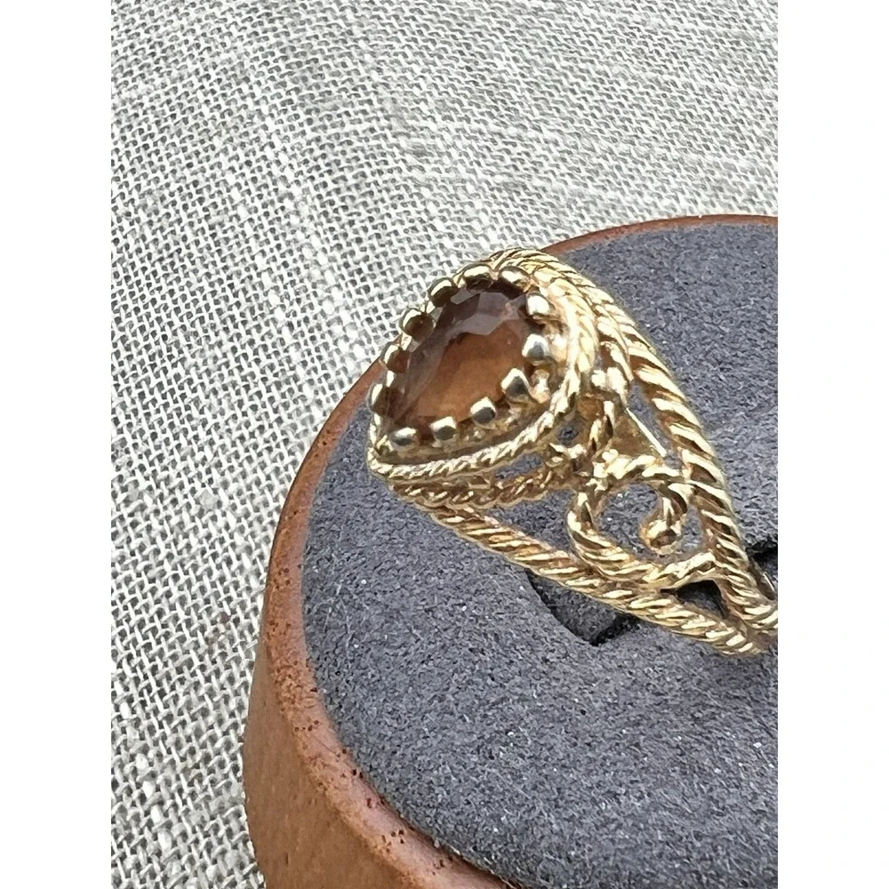 Vintage Gold Tone Rope Twist Pear Statement Ring Smoky Brown Teardrop Sz 7.75